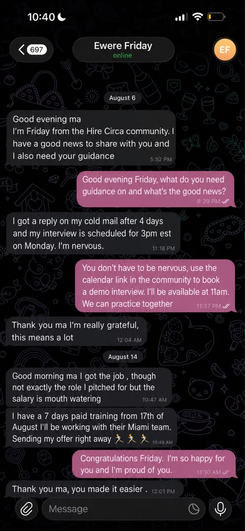 WhatsApp message from a HireCirca community member sharing an interview invite after a cold email follow-up