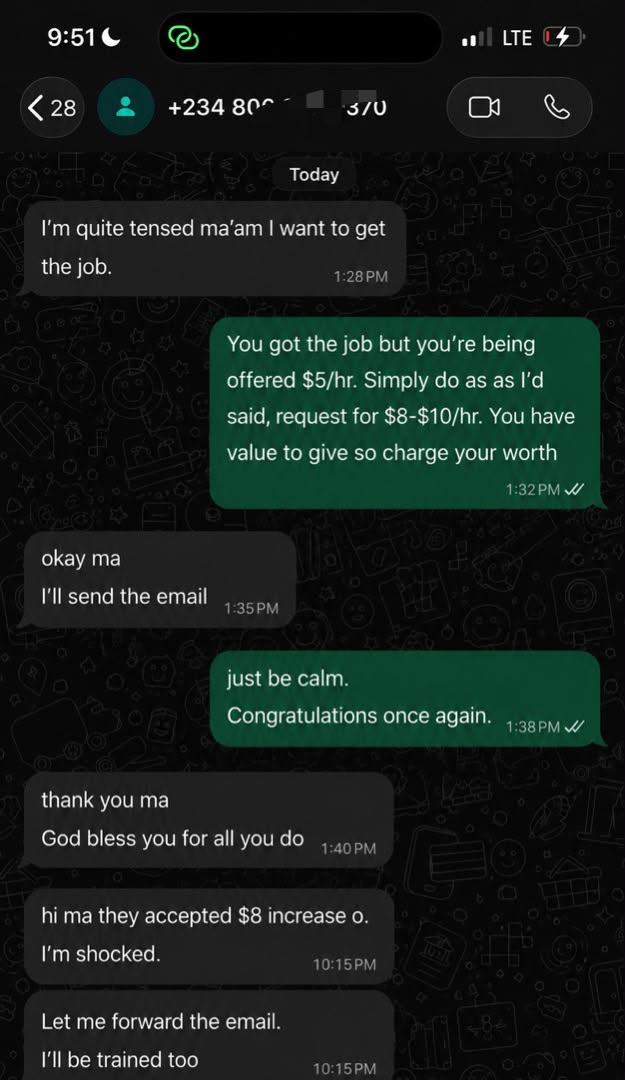 WhatsApp conversation showing a member negotiating their hourly rate up from $5 to $8 with HireCirca's guidance