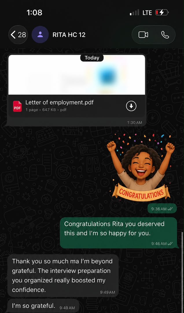 Letter of employment PDF shared in WhatsApp with a congratulations message from Emilia