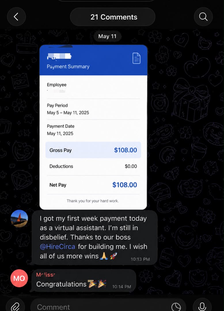 Payment summary screenshot showing a member's first week's pay as a virtual assistant