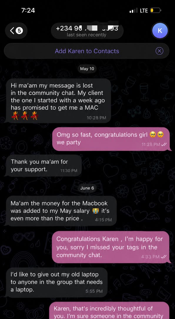 WhatsApp conversation of a community member sharing a client bonus and giving back to the community